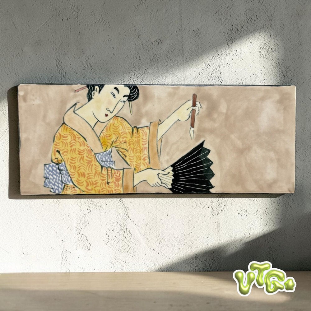 VINTAGE Saks Fifth Avenue Japanese Ukiyo-e Geisha Ceramic Art Tile Wall Plaque
